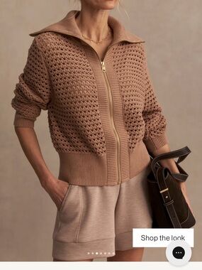 Varley - Open-Knit Zip Front Sweater Jacket - Warm Taupe - size small,